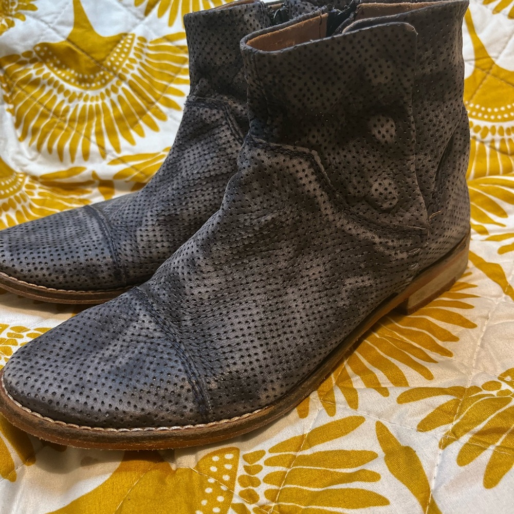 Free People Leather Blue Grey Perforated Heeled Boots
